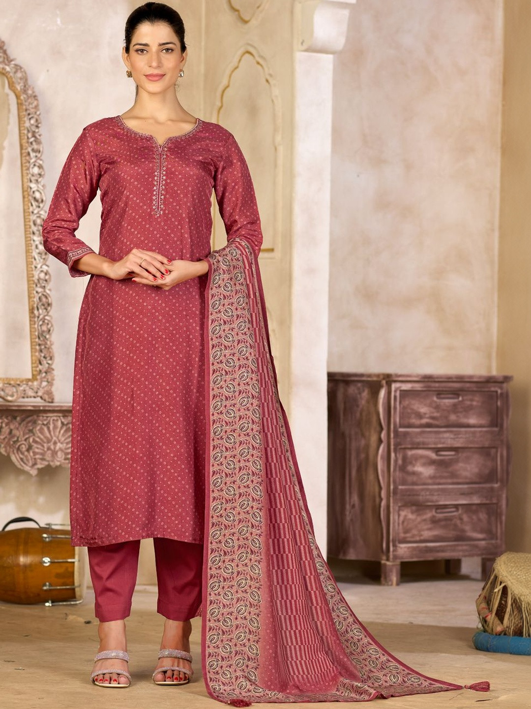 Seerat Ethnic Motifs Printed Thread Work Kurta With Trousers & Dupatta