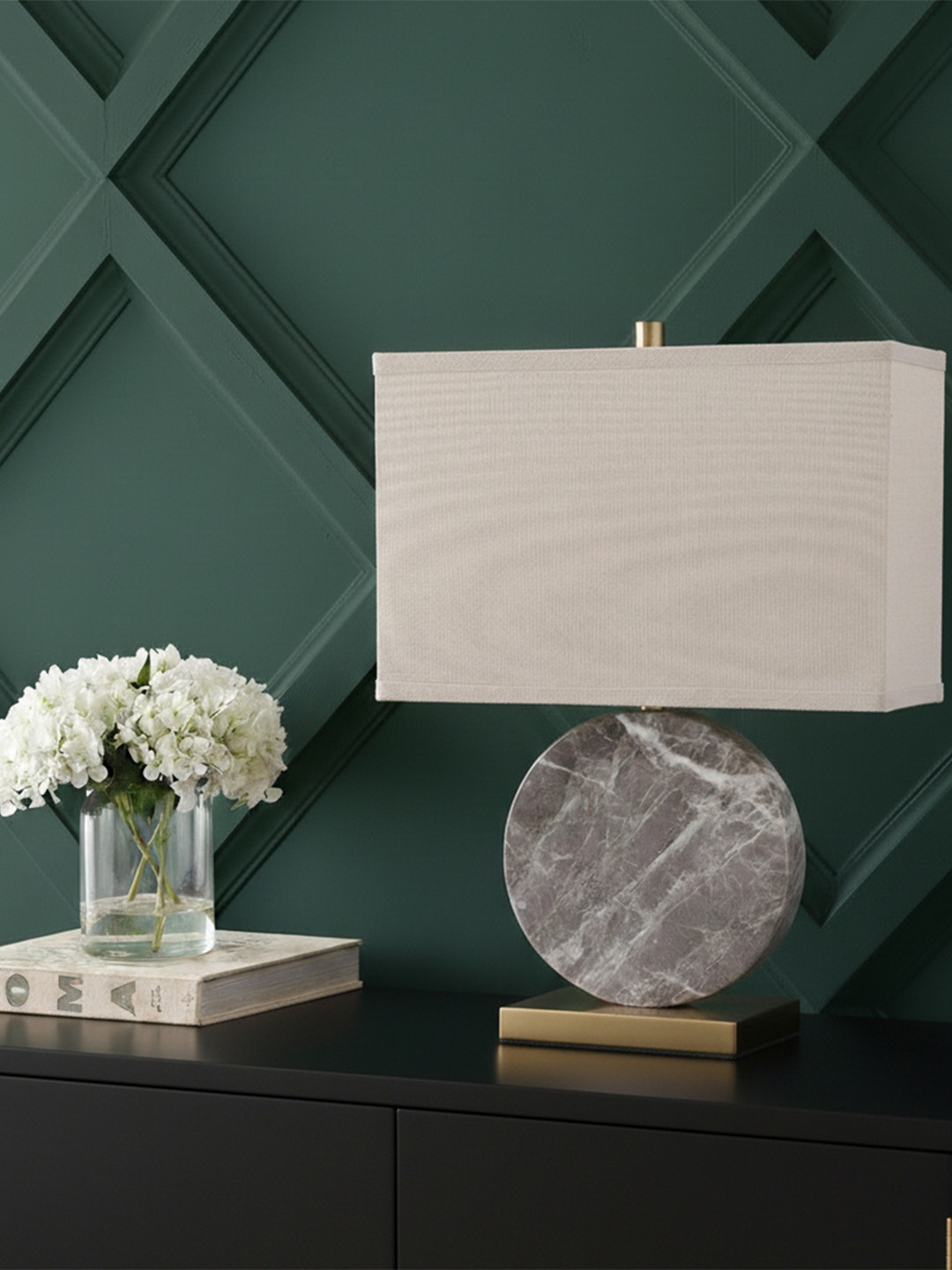 AARVI DECOR STUDIO Grey And White Adjustable Square Shaped Table Lamp