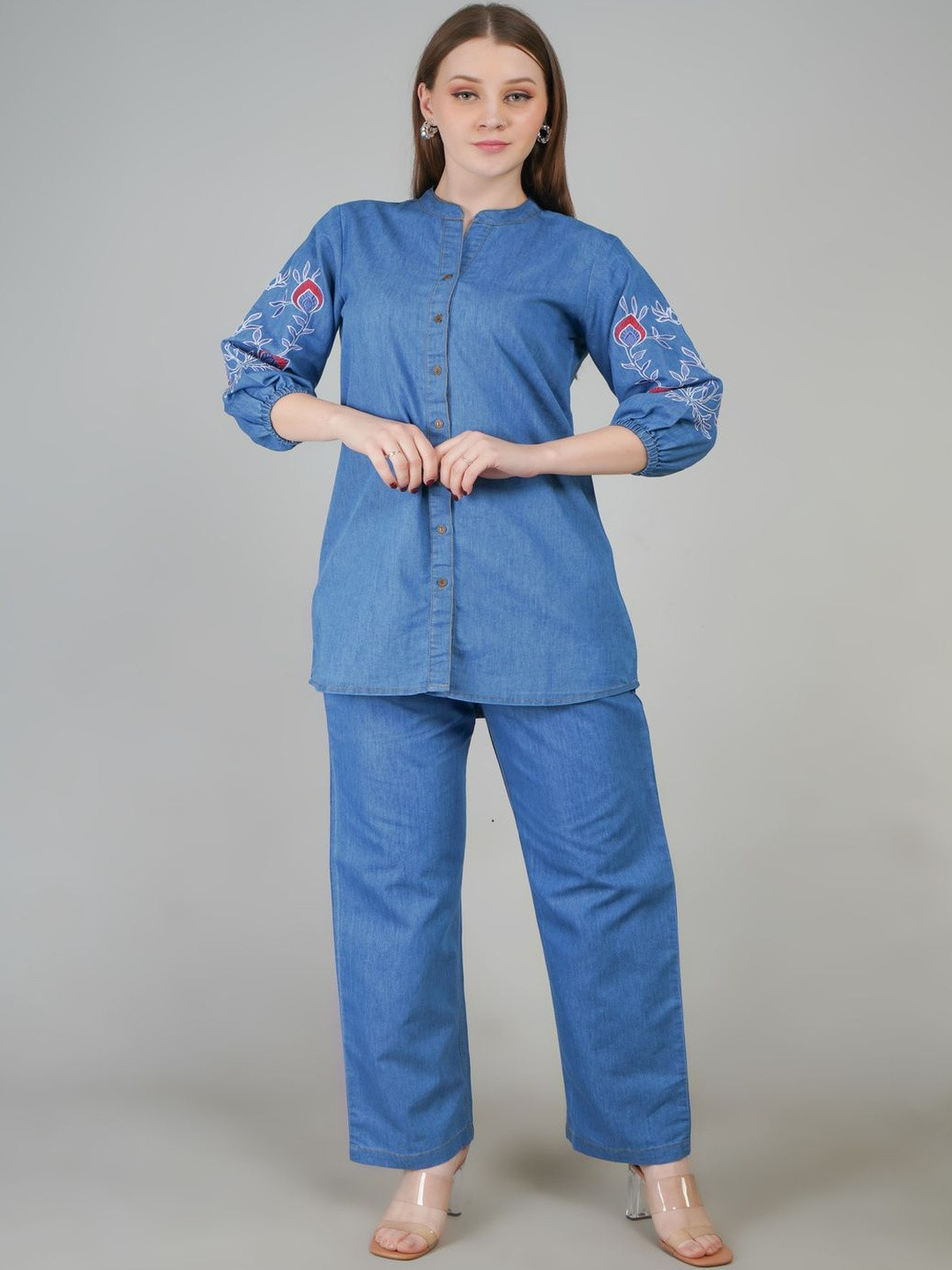 VG5 Embroidered Mandarin Collar Shirt & Trousers Co-Ords