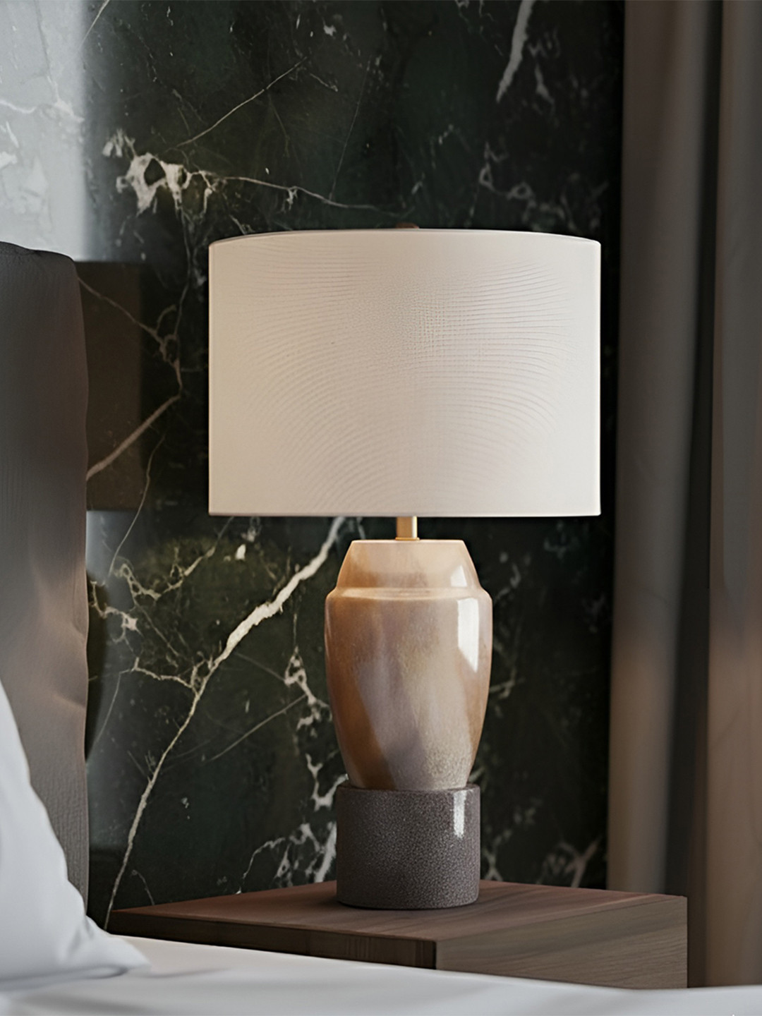 AARVI DECOR STUDIO Gold-Toned And White Adjustable Cylindrical Shaped Table Lamp