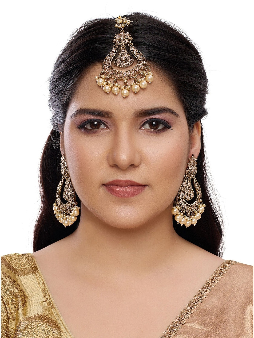 Women Click Gold-Plated Kudan-Studded Earrings & Maang Tika Set