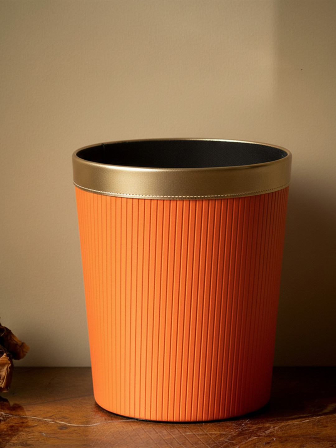 AARVI DECOR STUDIO Orange Faux Leather With Wooden Striped Dustbin
