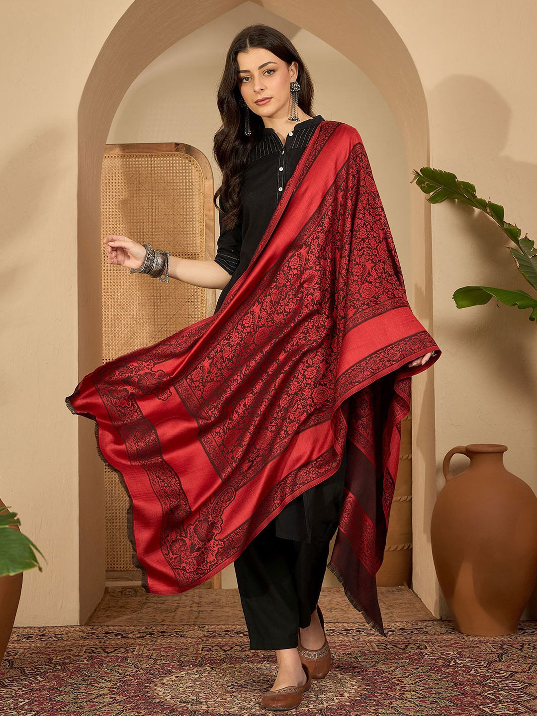 all about you Women Floral Woven Design Stole with Fringed Border