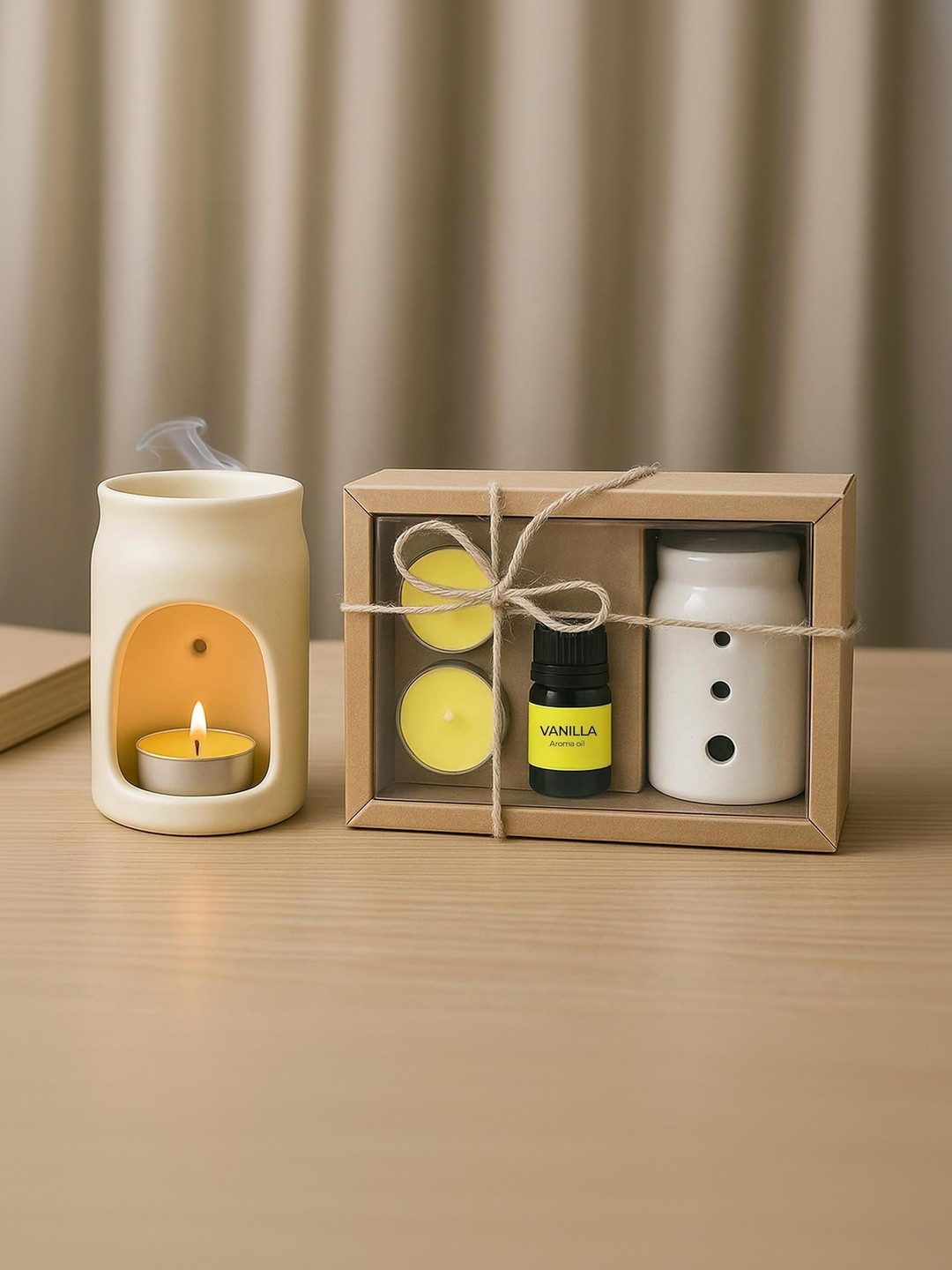 Garden Deco Off White Ceramic Oil Burner With Vanilla Essential Oil & T-Light Candles