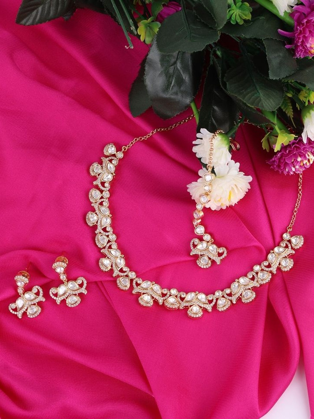 SALONI FASHION JEWELLERY Rose Gold-Plated Cubic Zirconia & Kundan Studded Jewellery Set