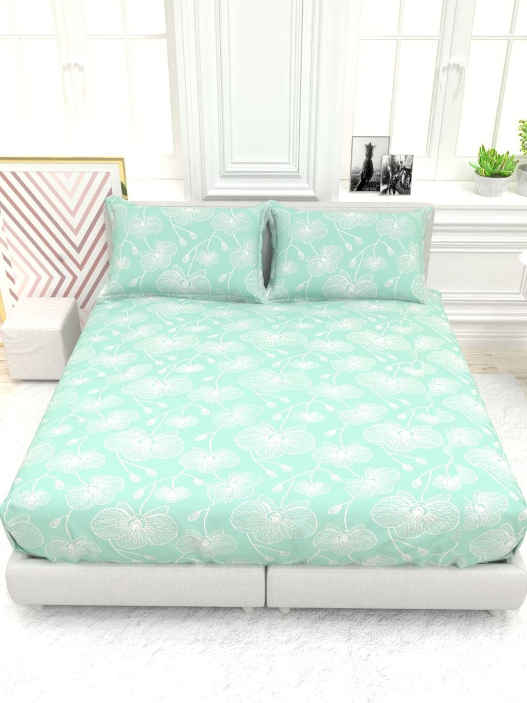 THE WHITE MOSS Sea Green Floral 220 TC Queen Bedsheet with 2 Pillow Covers