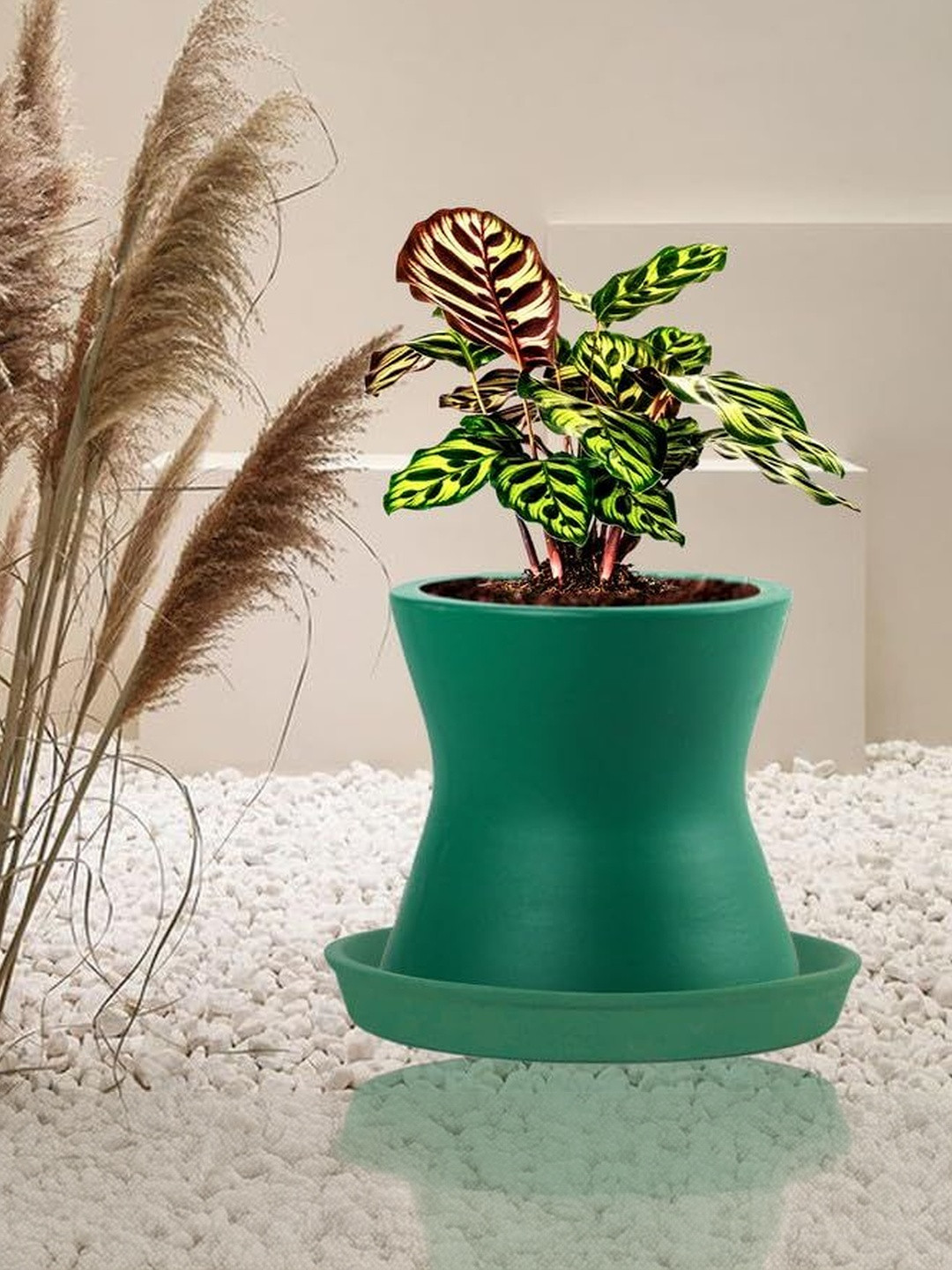 LASAKI Damru Green Textured Ceramic Durable Planter With Plate