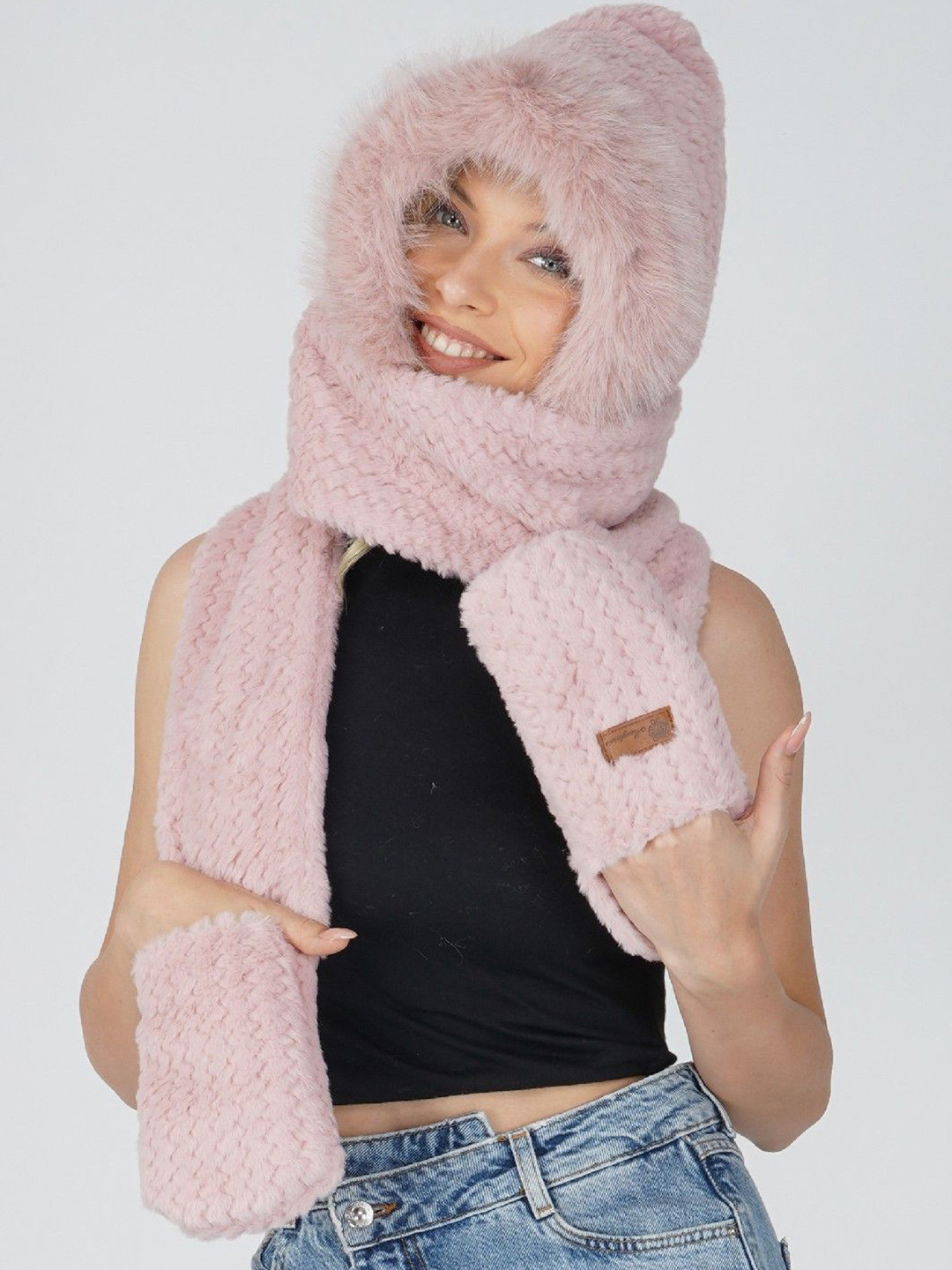 Poftik Women Woollen Hoodie Hat with Scarf Gloves Caps
