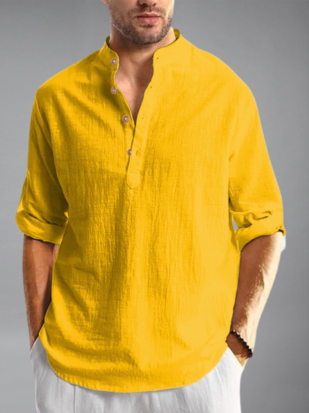 HAZEL CLOTHING Mandarin Collar Roll-Up Sleeves Pure Cotton Straight Kurta