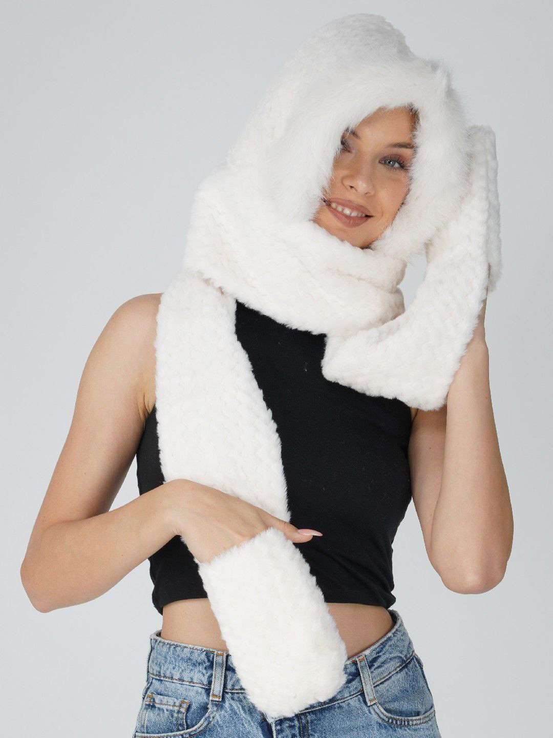 Poftik Women Woollen Hoodie Hat with Scarf Gloves Caps