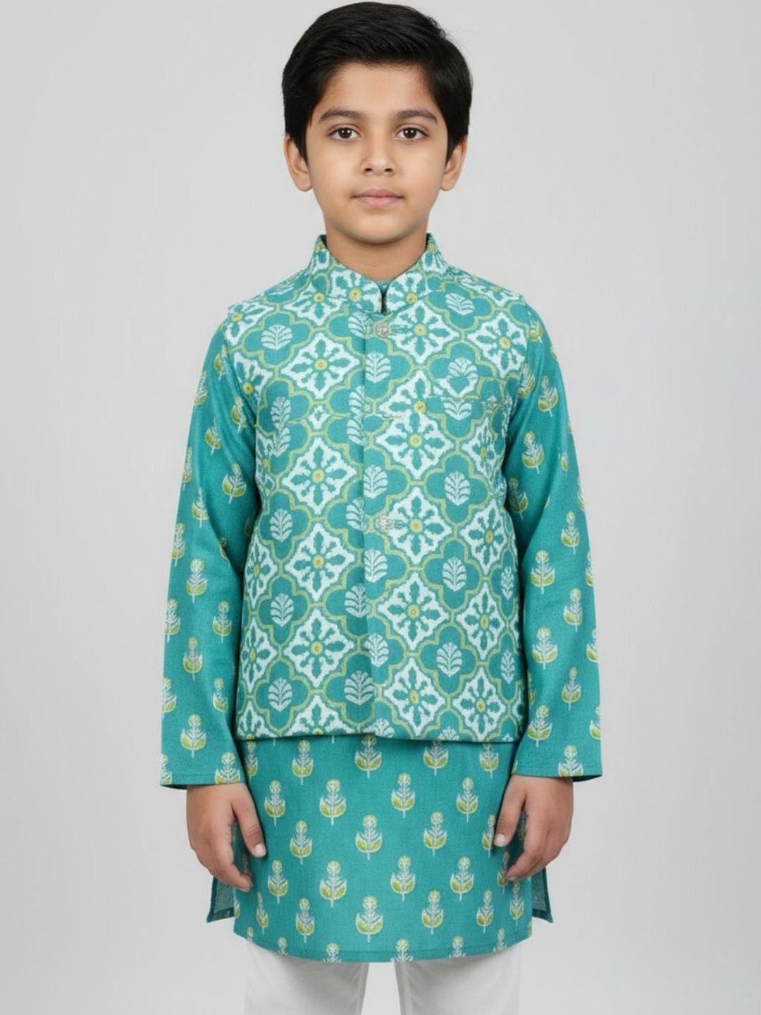 Sangria Boys Floral Printed Kurta, Jacket & Pyjama Set