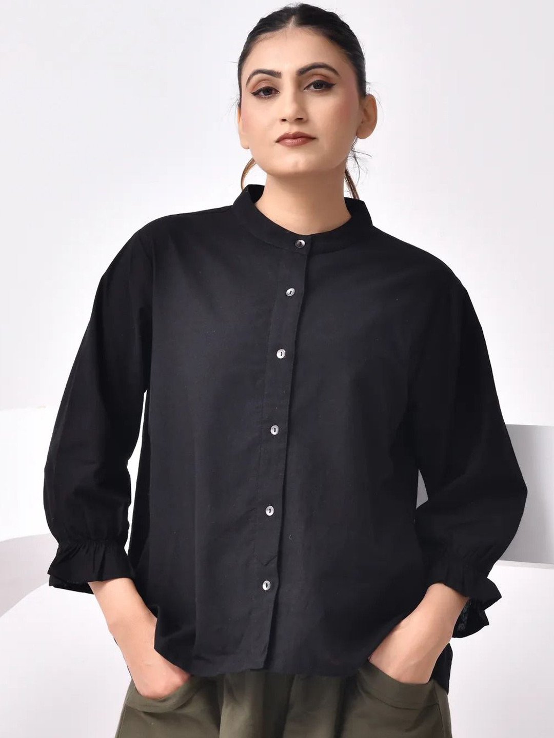 SIDDHO HUM Mandarin Collar Long Sleeves Cotton Shirt