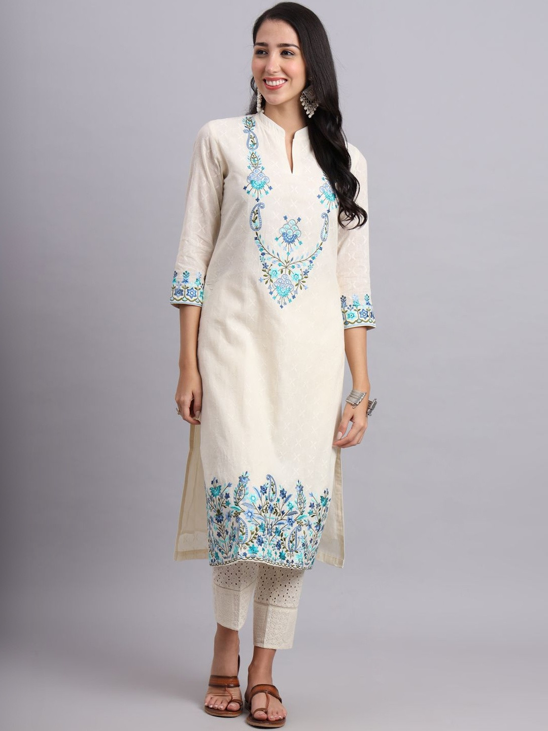 ATMIY FASHION Women Ethnic Motifs Embroidered Regular Thread Work Pure Cotton Kurta with Trousers
