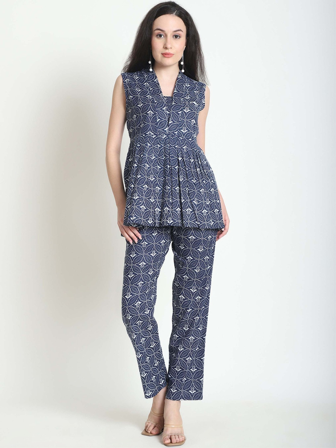 KARPATA Floral Printed Square Neck Organic Cotton Tunic With Trousers