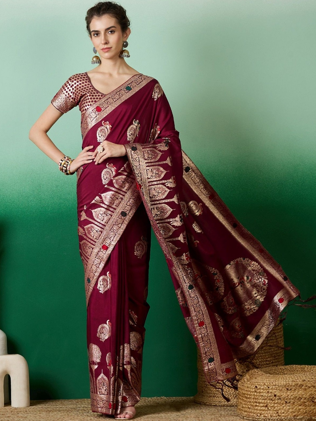 DWIJA FASHION Ethnic Motifs Zari Banarasi Saree With Rich Zari Work And Contrast Border