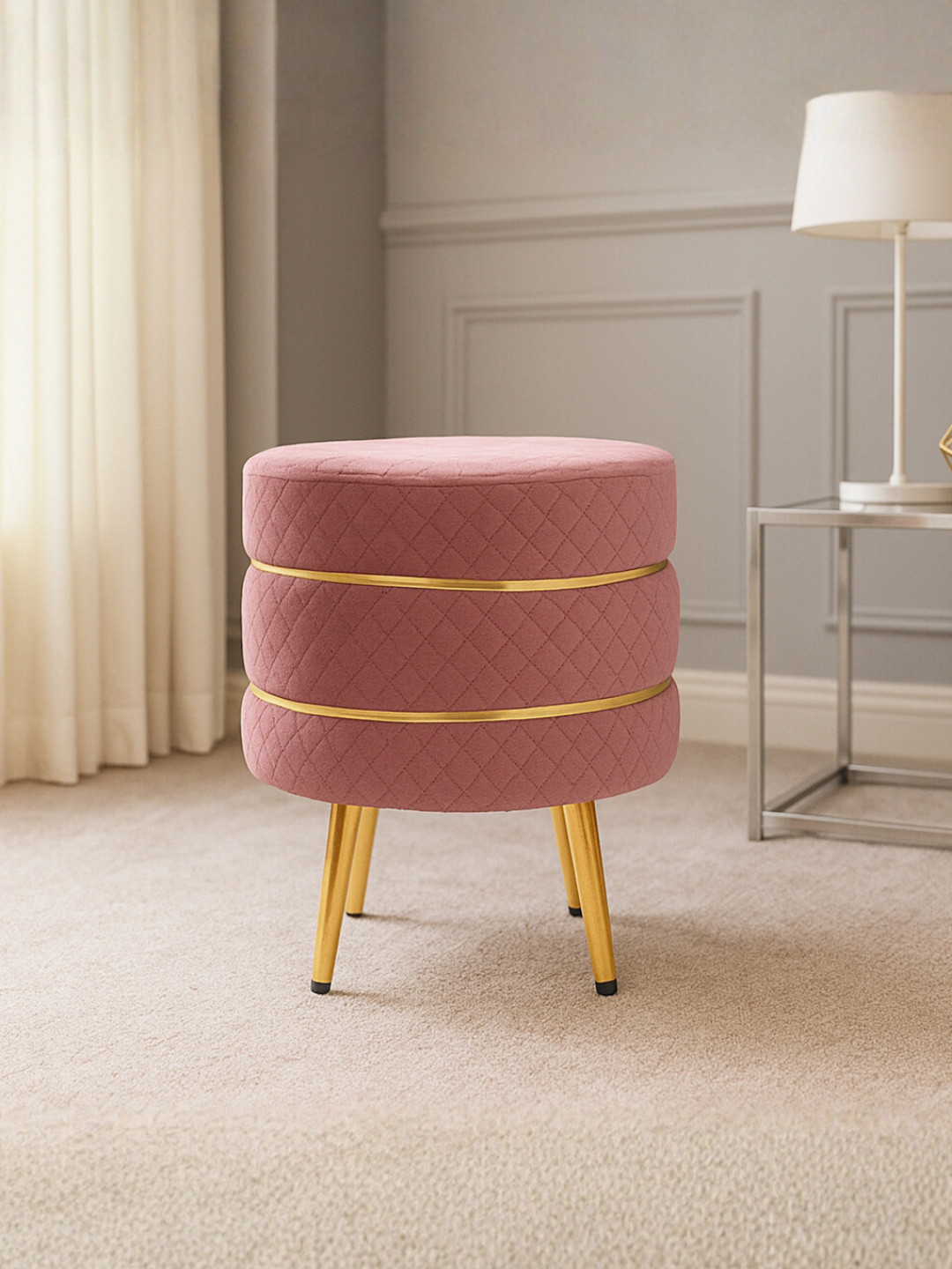 Royaloak Pink & Yellow Cylindrical Without Storage Ottoman