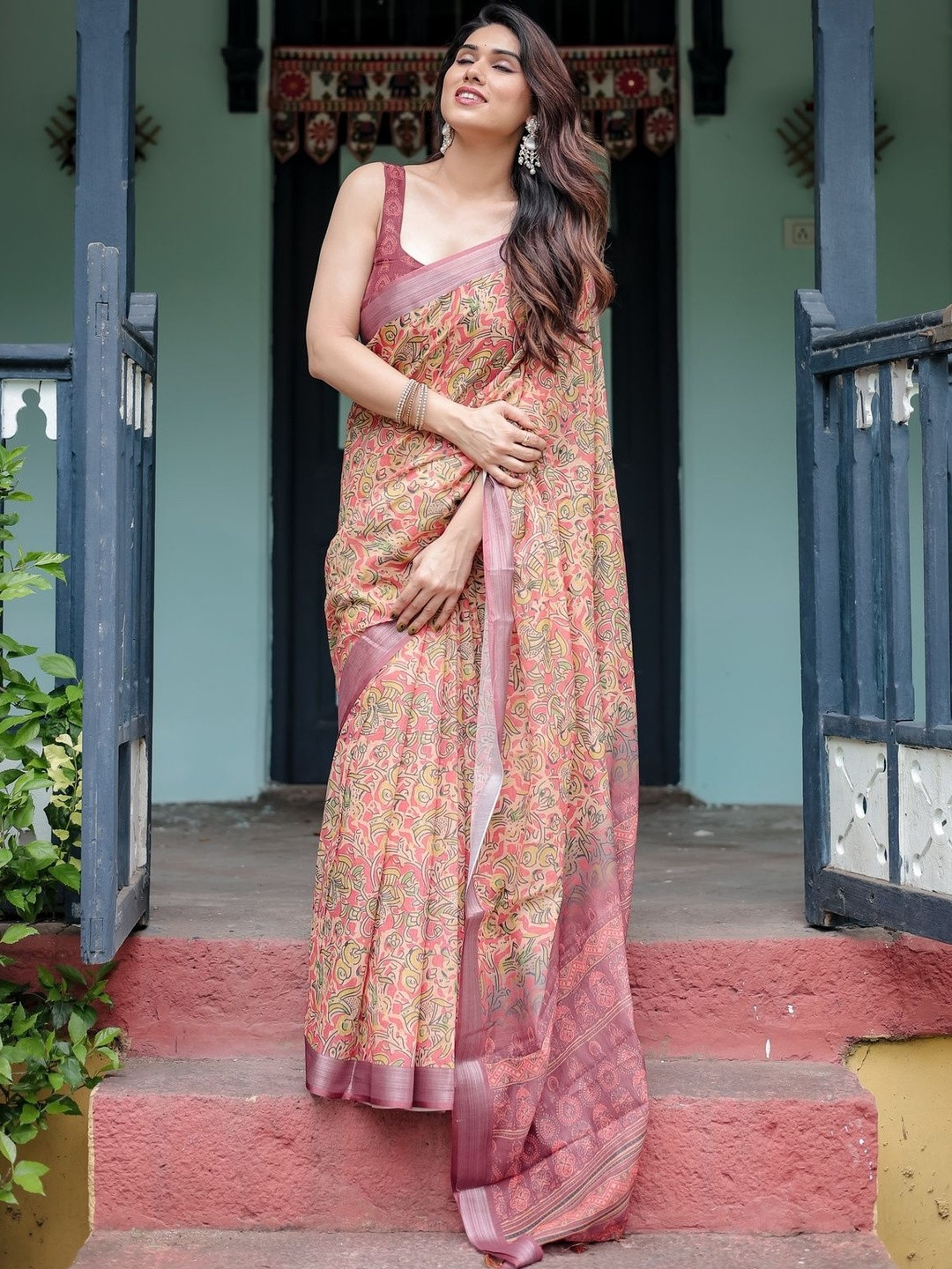 ALMAARI FASHION Ethnic Motifs Printed Pure Linen Banarasi Saree