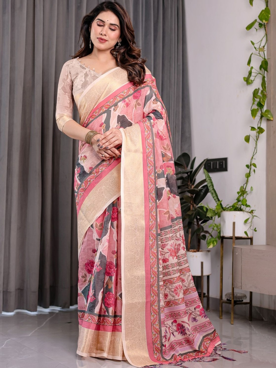 ALMAARI FASHION Floral Printed Elegant Pure Cotton Banarasi Saree