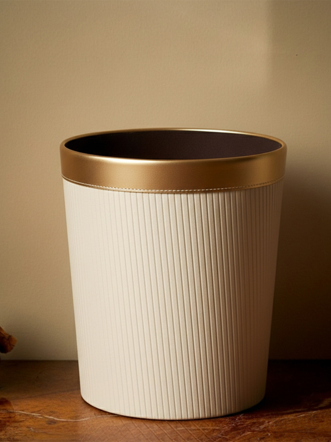 AARVI DECOR STUDIO Cream & Gold Toned Premium Faux Leather Open Dustbin