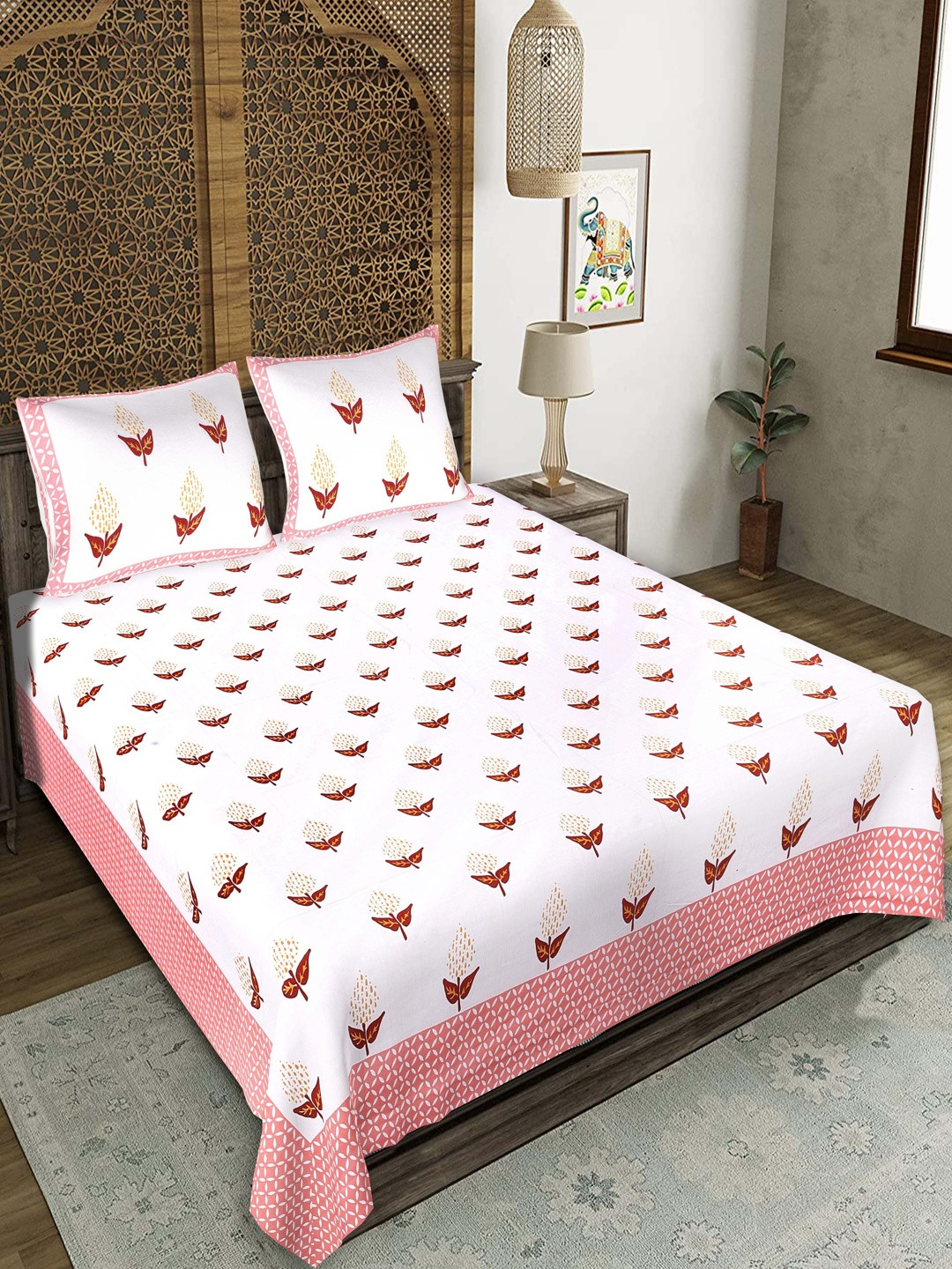 JEEVAT White Floral 220 TC Bedsheet with 2 Pillow Covers