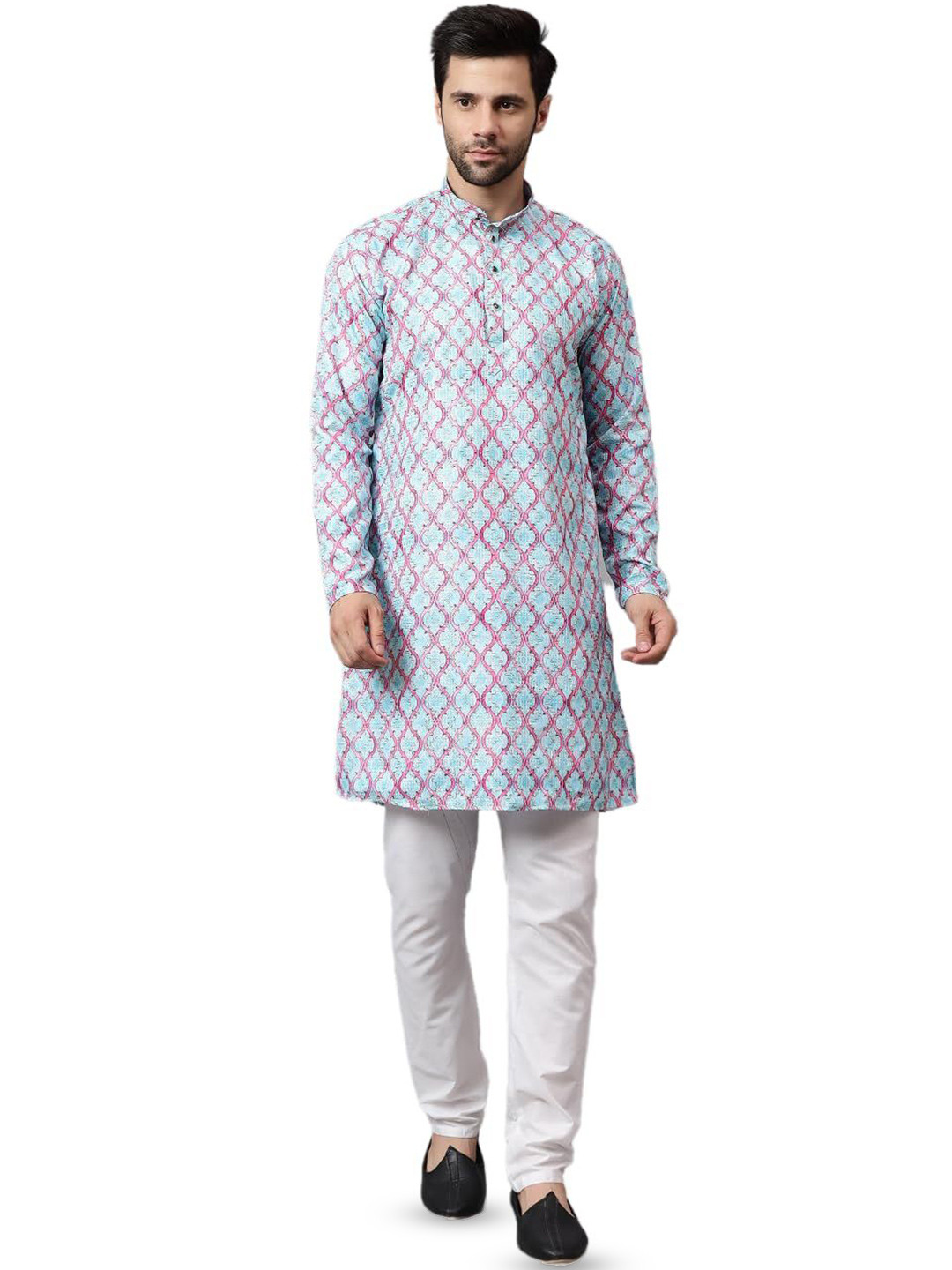 Floura Geometric Printed Mandarin Collar Cotton Straight Kurta