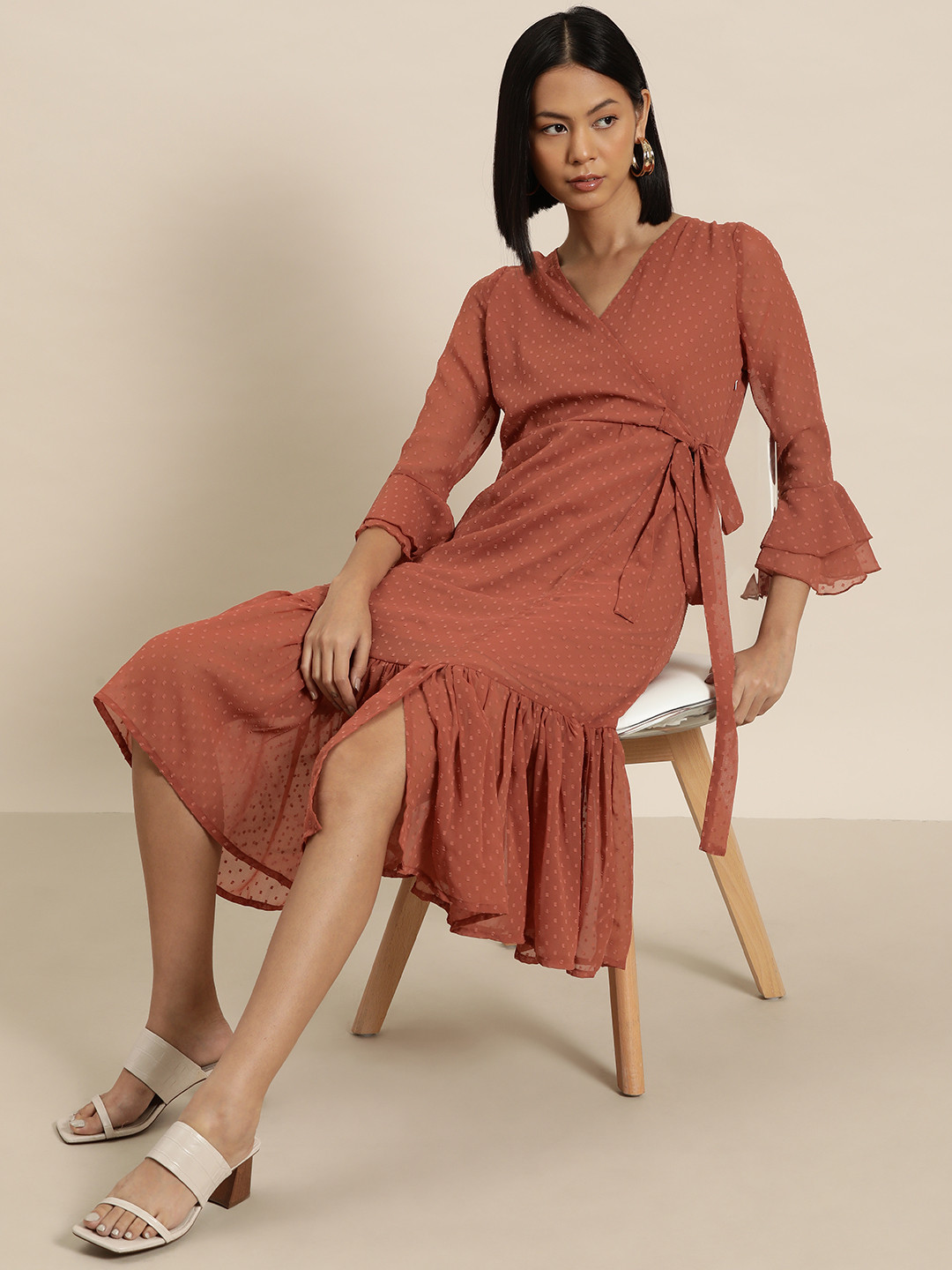 all about you Bell Sleeve Ruffled Georgette Midi Dress