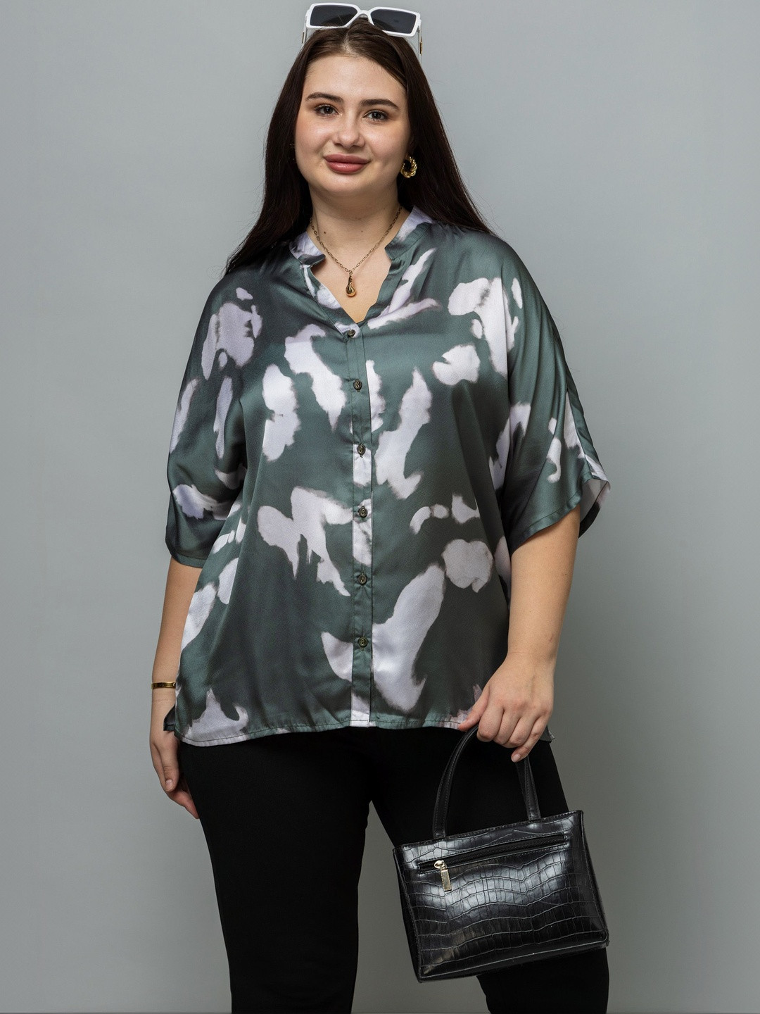 PURYS PLUS Print Mandarin Collar Top