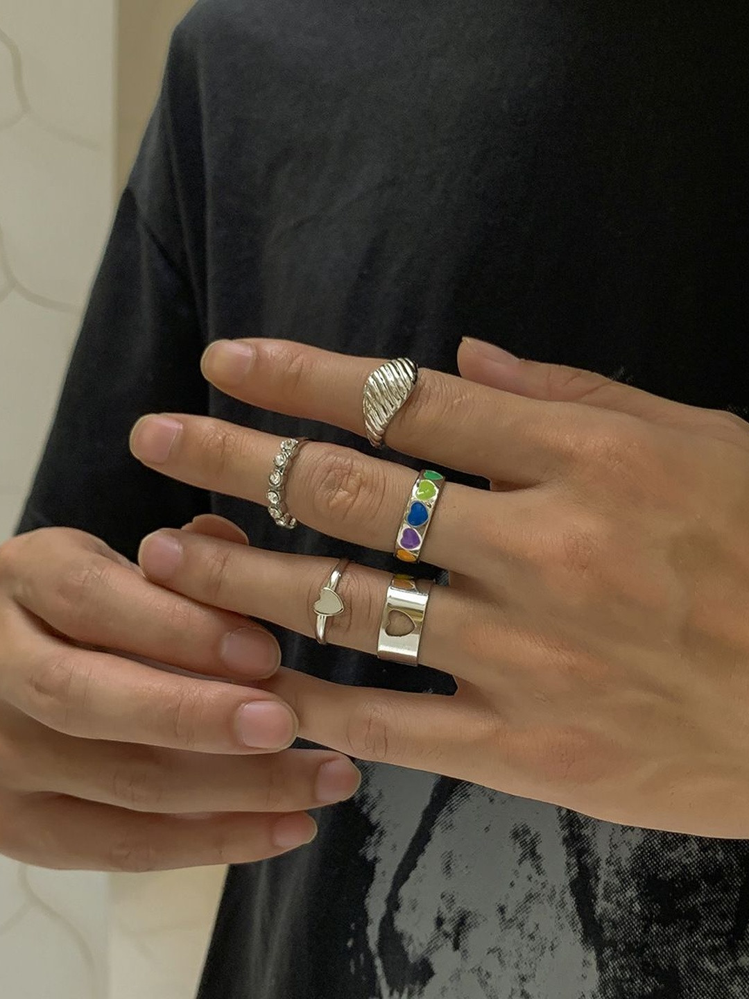 StyleCast x Revolte Men Set Of 5 Silver-Plated Stone-Studded Finger Ring