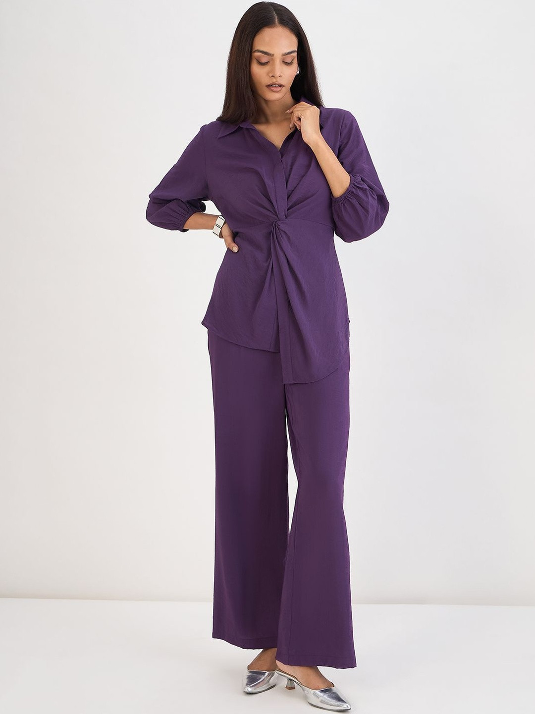 FEMMELLA Front Knot Shirt Collar Shirt With Trousers