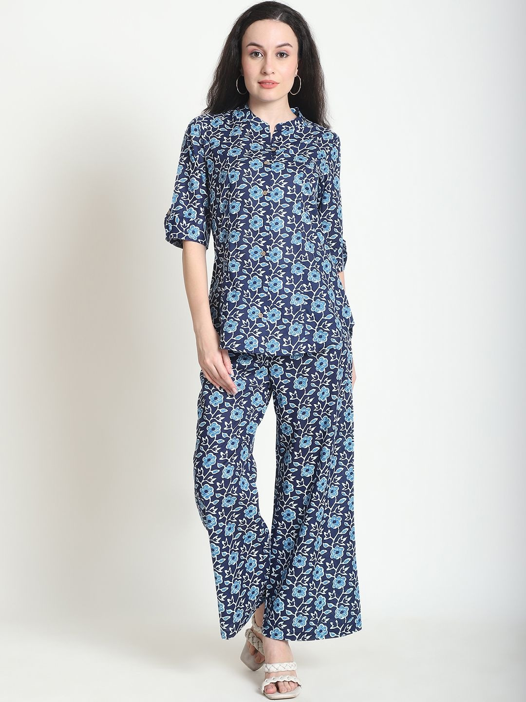 KARPATA Floral Printed Mandarin Collar Organic Cotton Tunic With Palazzo