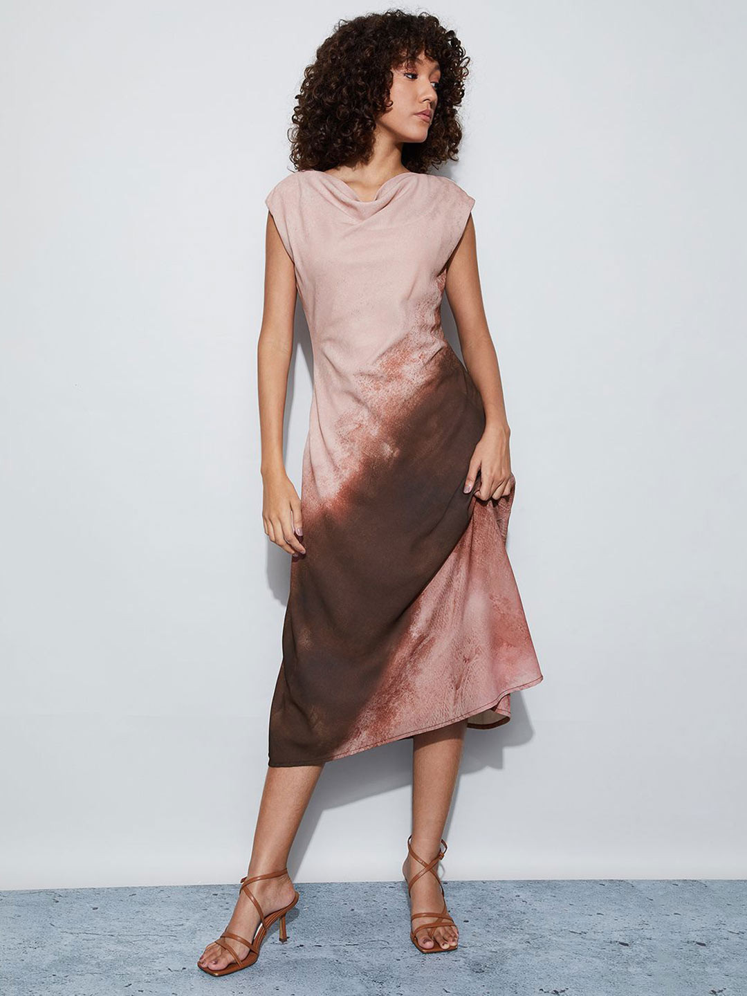 CODE by Lifestyle Tie and Dye Dyed Cowl Neck A-Line Midi Dress