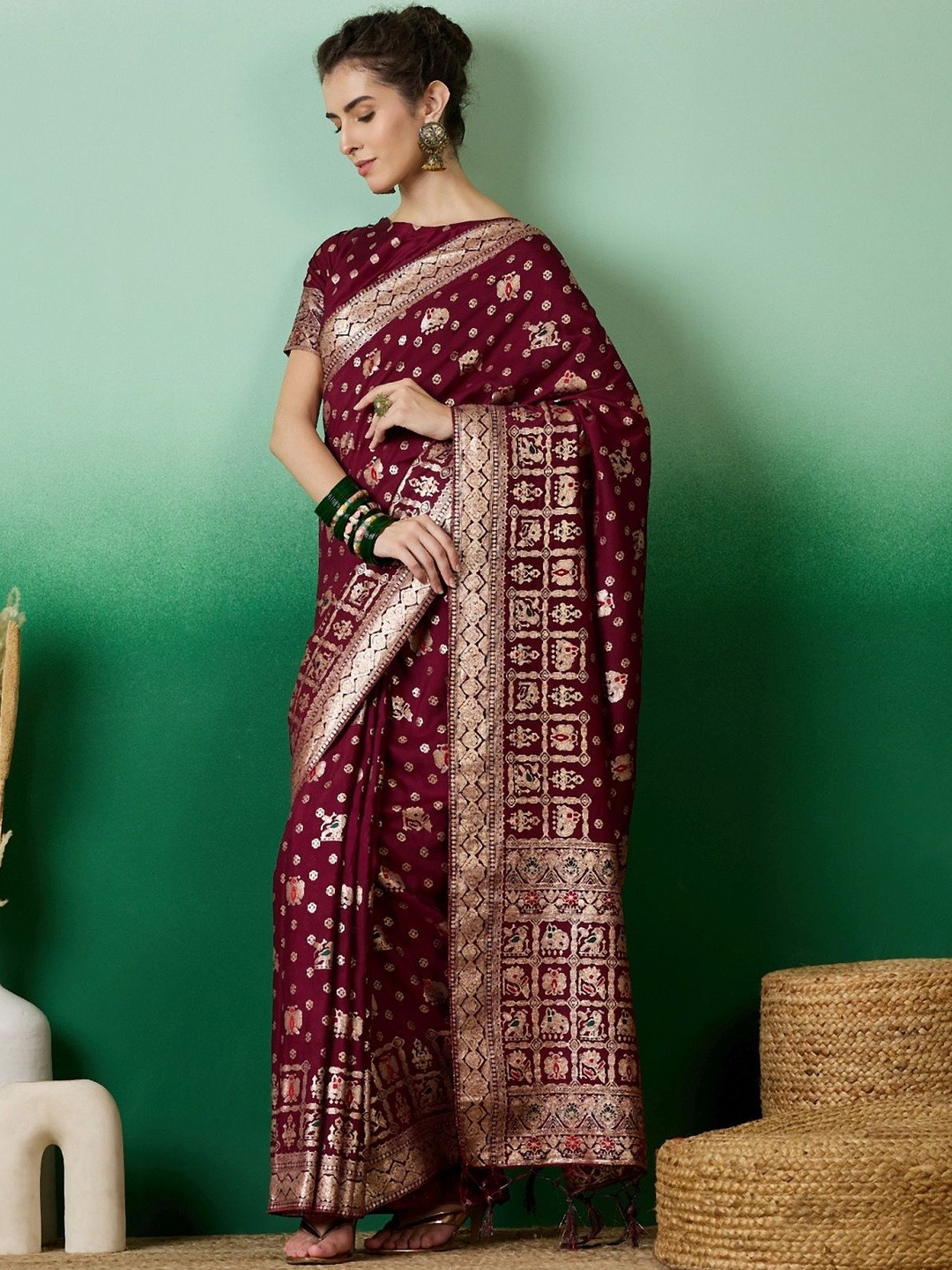 DWIJA FASHION Ethnic Motifs Zari Banarasi Saree With All-Over Zari Weaving