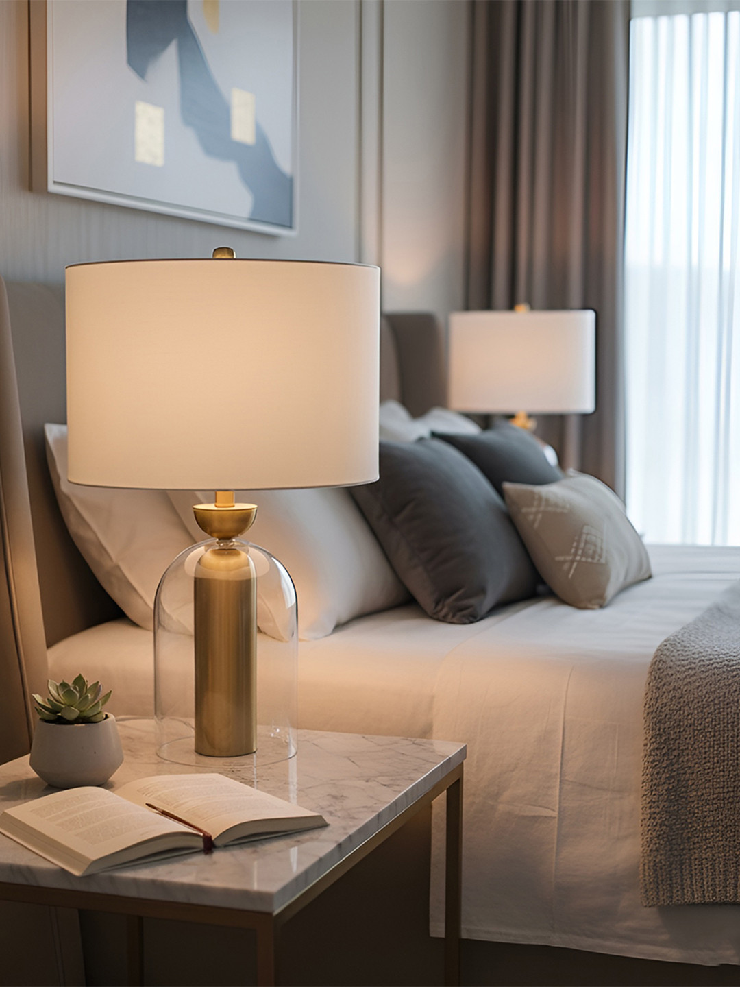 AARVI DECOR STUDIO Gold-Toned And White Adjustable Cylindrical Shaped Table Lamp