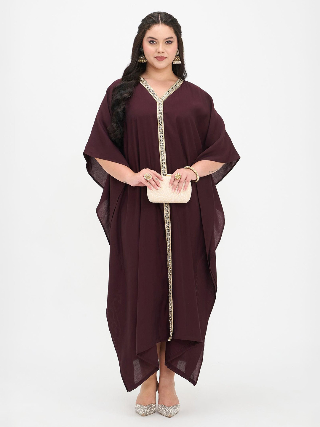 Virgio Women Solid Viscose V-Neck Kaftan Maxi Plus Size Dress with Lace