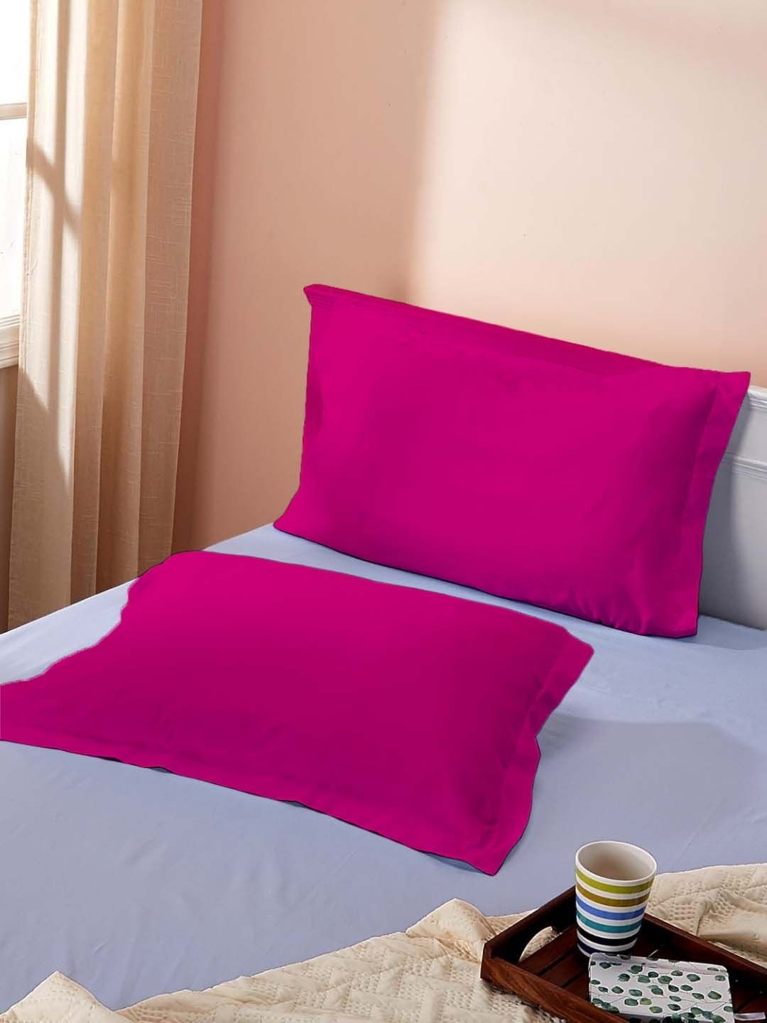 Sleeping Owls Fuchsia 2 Pieces Solid Pure Cotton Rectangle Pillow Covers