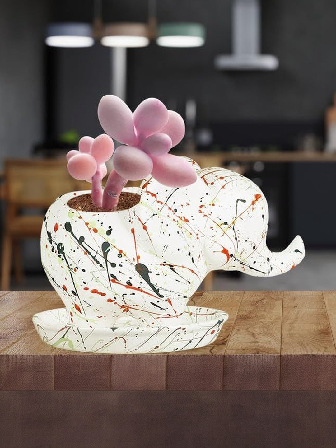 LASAKI Jumbo White & Yellow Printed Elephant Shaped Ceramic Planter With Plate