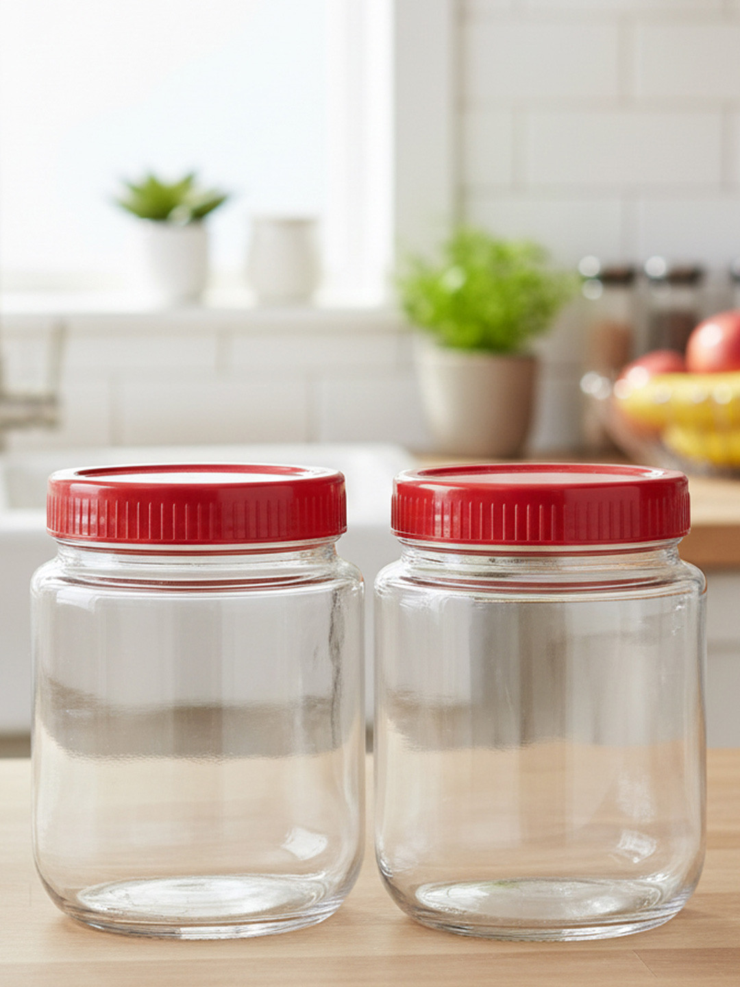 CROCO JAR Transparent & Red 2 Pieces Piramal Storage Glass Containers 1.5 L Each