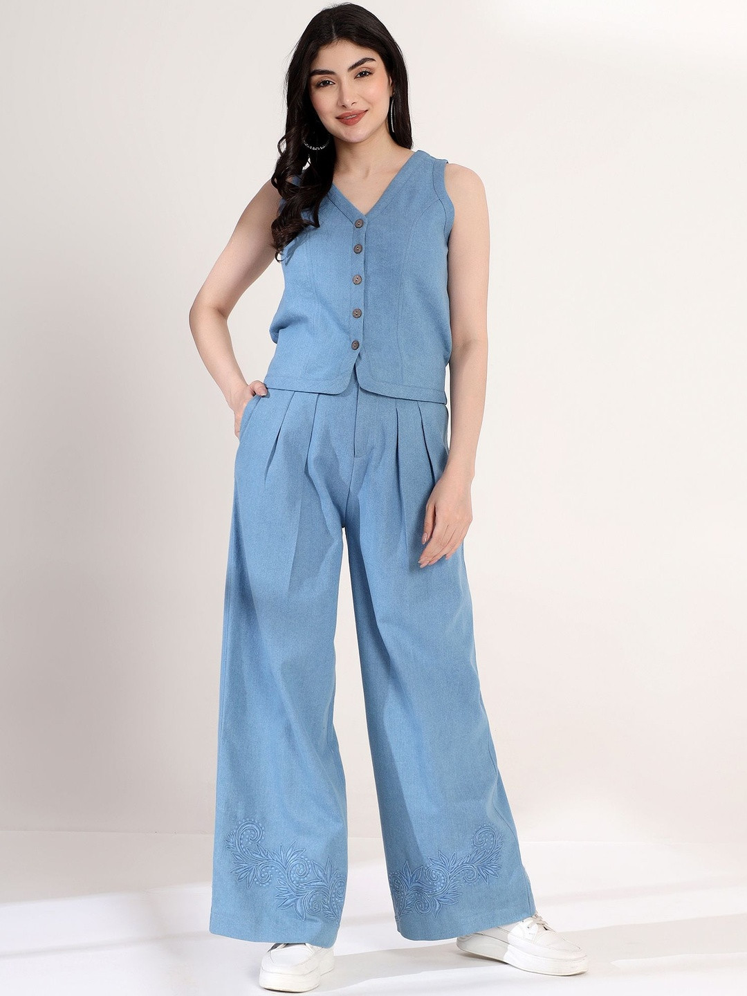 Justin Whyte Denim V-Neck Waistcoat With Trousers Co-Ords