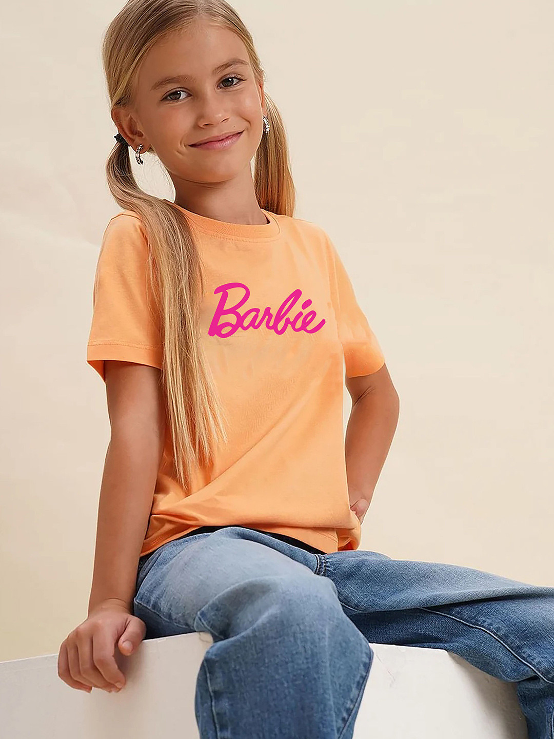 COMIC STREET Girls Cotton Orange Barbie Print T-shirt