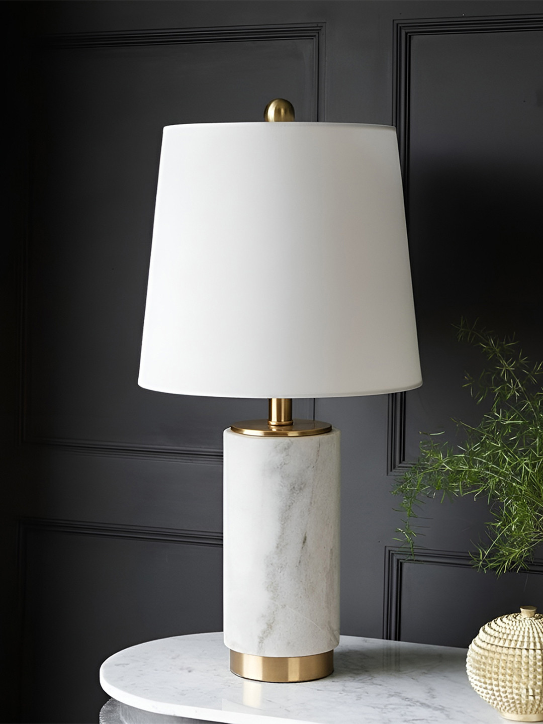 AARVI DECOR STUDIO White And Gold Toned Adjustable Cylindrical Shaped Table Lamp