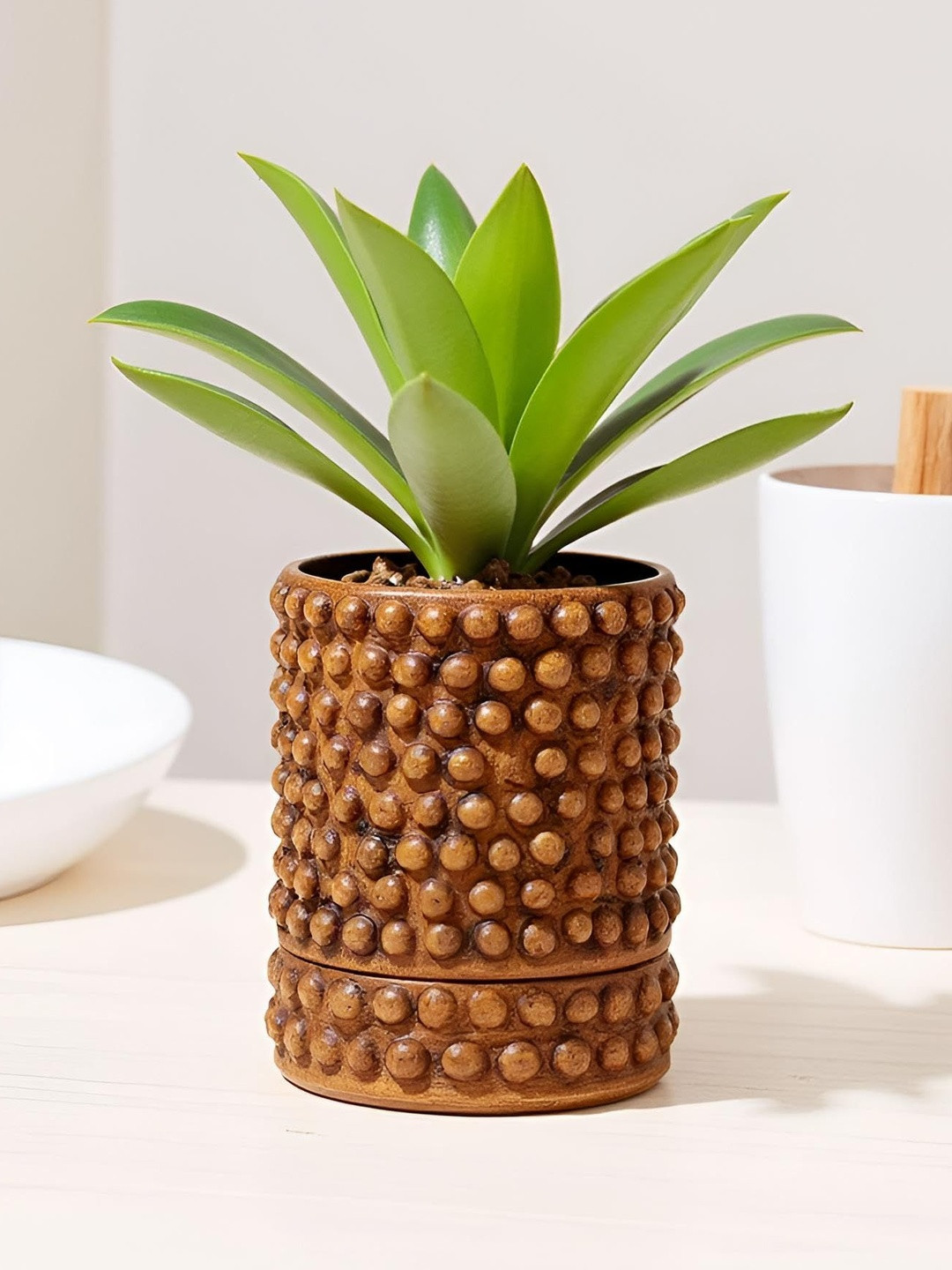 LASAKI Bubble Brown Ceramic Handmade Small Antique Planter With Plate