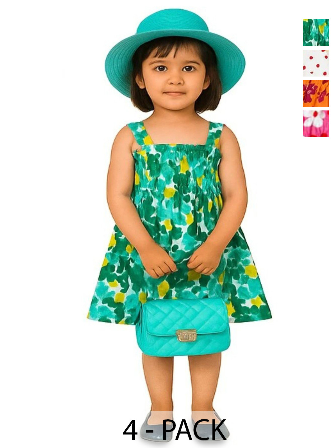 SQUIRTLE Infants Girls Pack Of 4 Floral Printed Cotton Fit & Flare Dresses