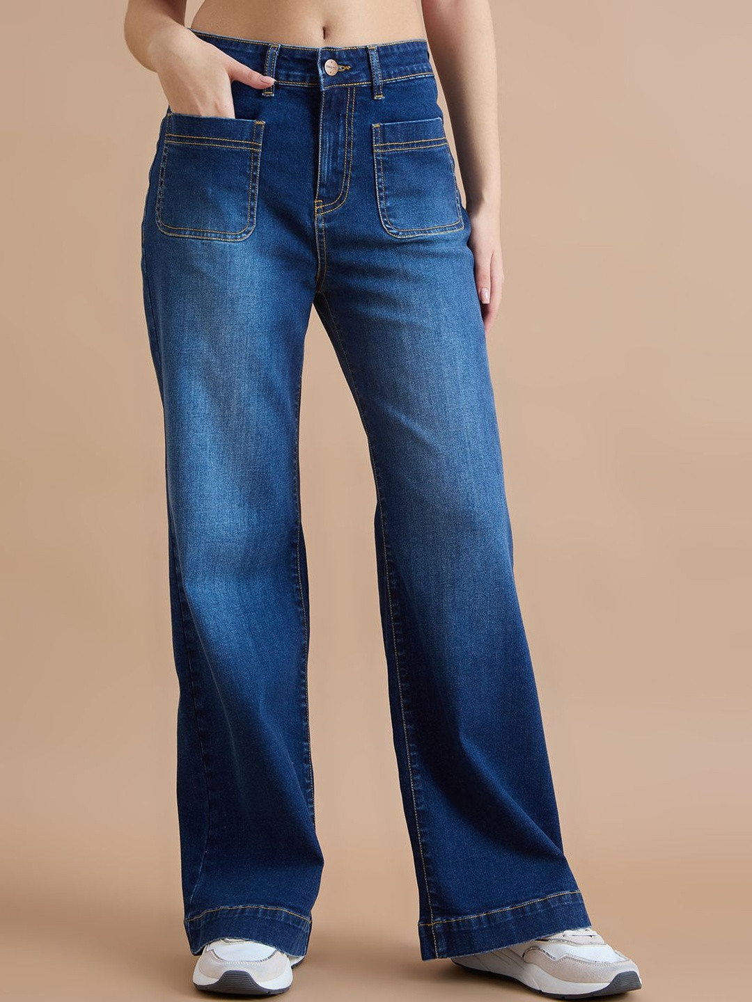 TARAMA Women High-Rise Flared Denim Jeans with Front Patch Pockets