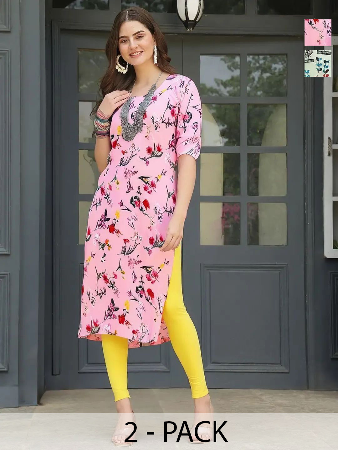 SZN Selection Of 2 Floral Printed Round Neck Straight Floral Kurtas