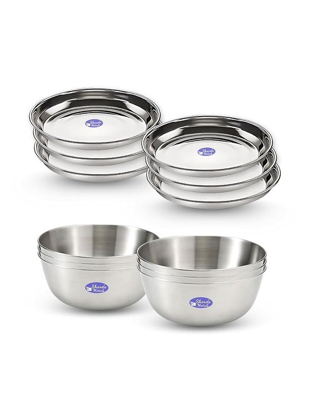 Sharda Metals Silver Stainless Steel 12 Pieces Dishwasher Safe Serving Plates & Bowls