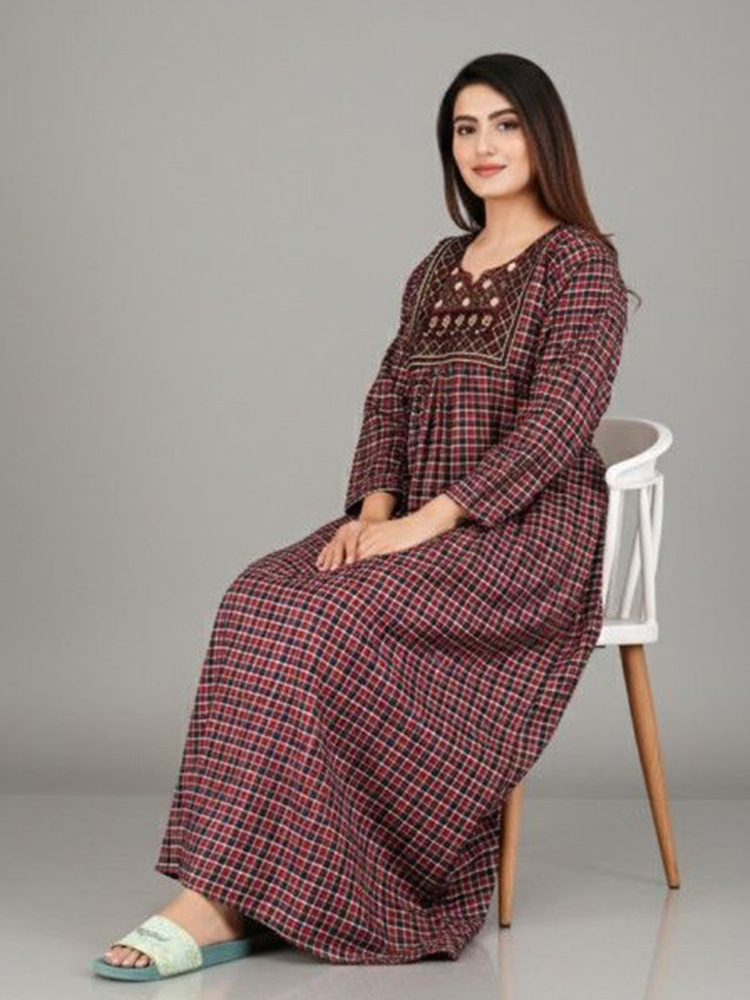 MAYA PRINT Women V-Neck Embroidered Maxi Nightdress