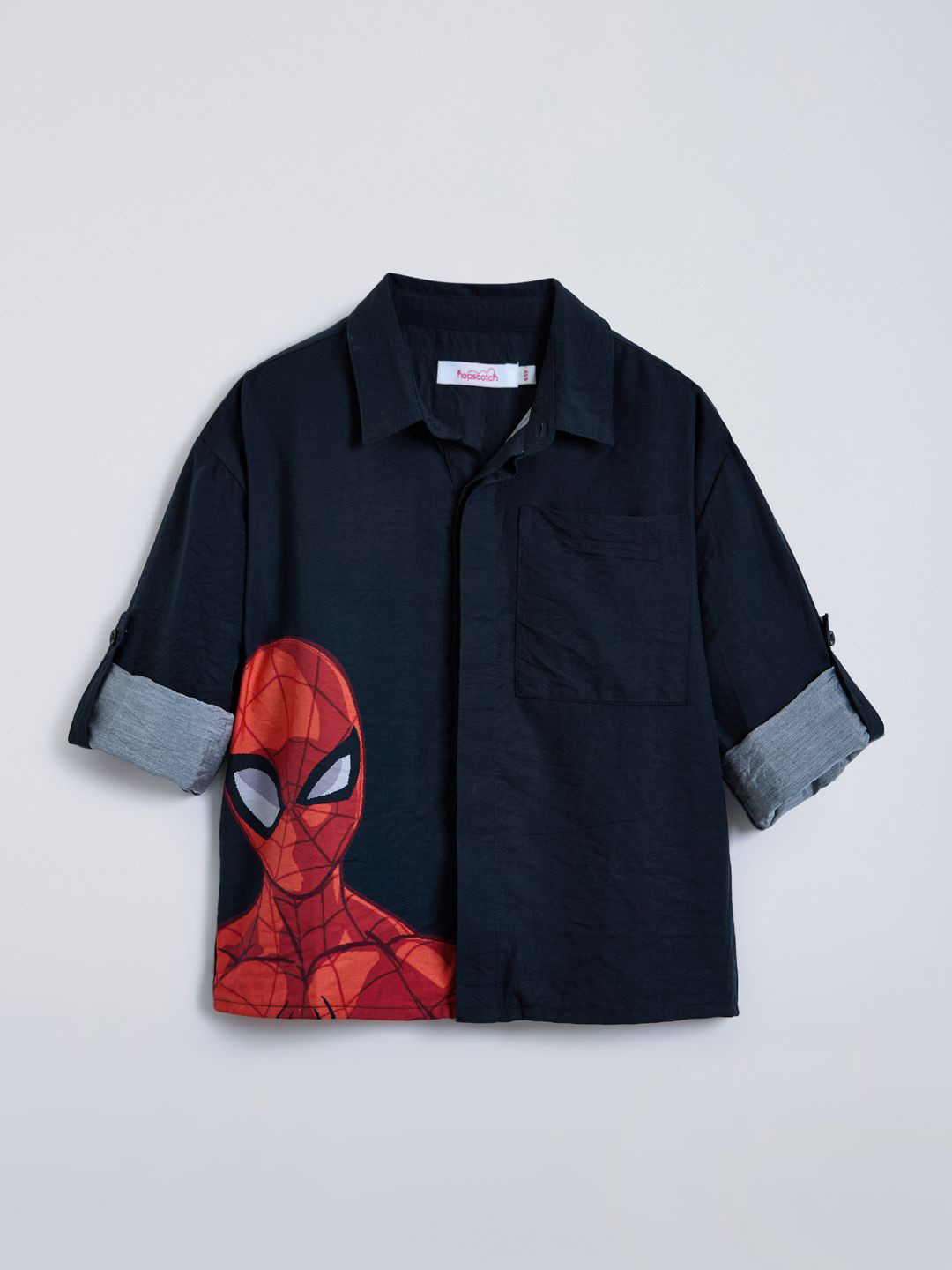 Hopscotch Boys Spider Man Printed Roll Up Sleeves Casual Shirt