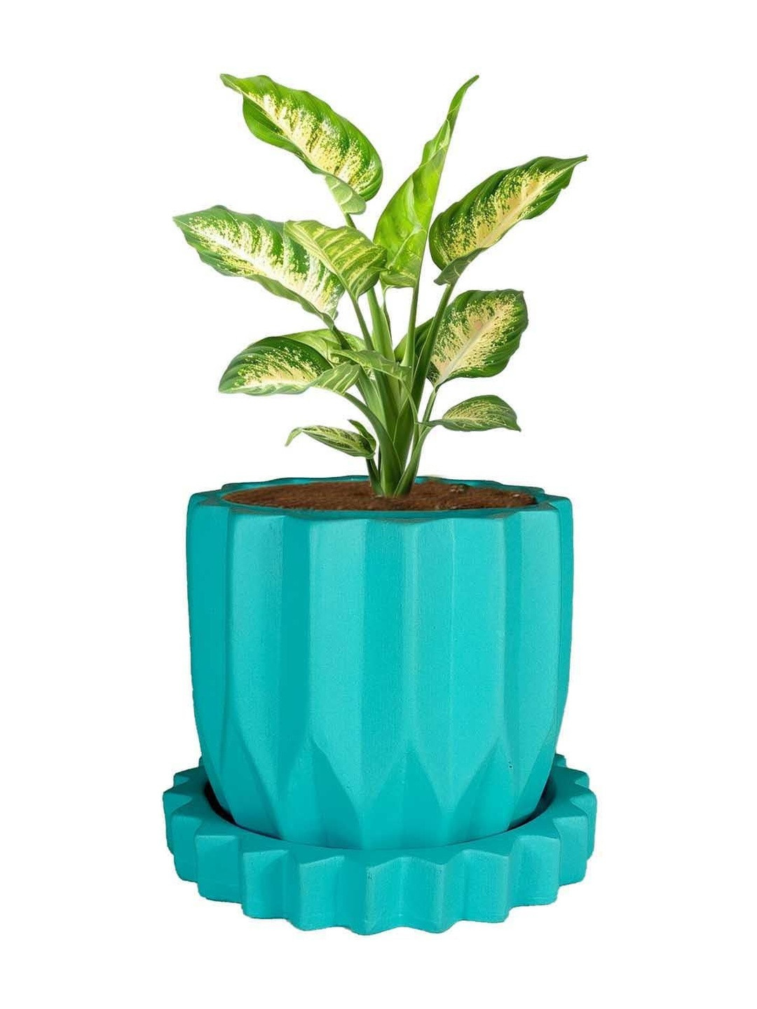 LASAKI Montra Blue Textured Ceramic Durable Planter With Plate
