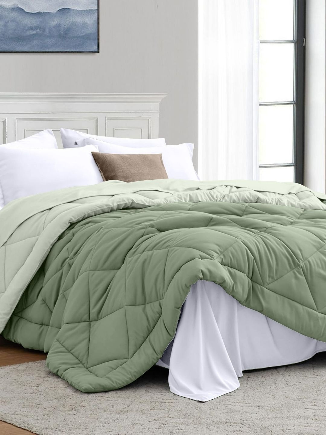 haus & kinder Olive Green & Green Solid Reversible AC Room Comforter 200 cm x 220 cm
