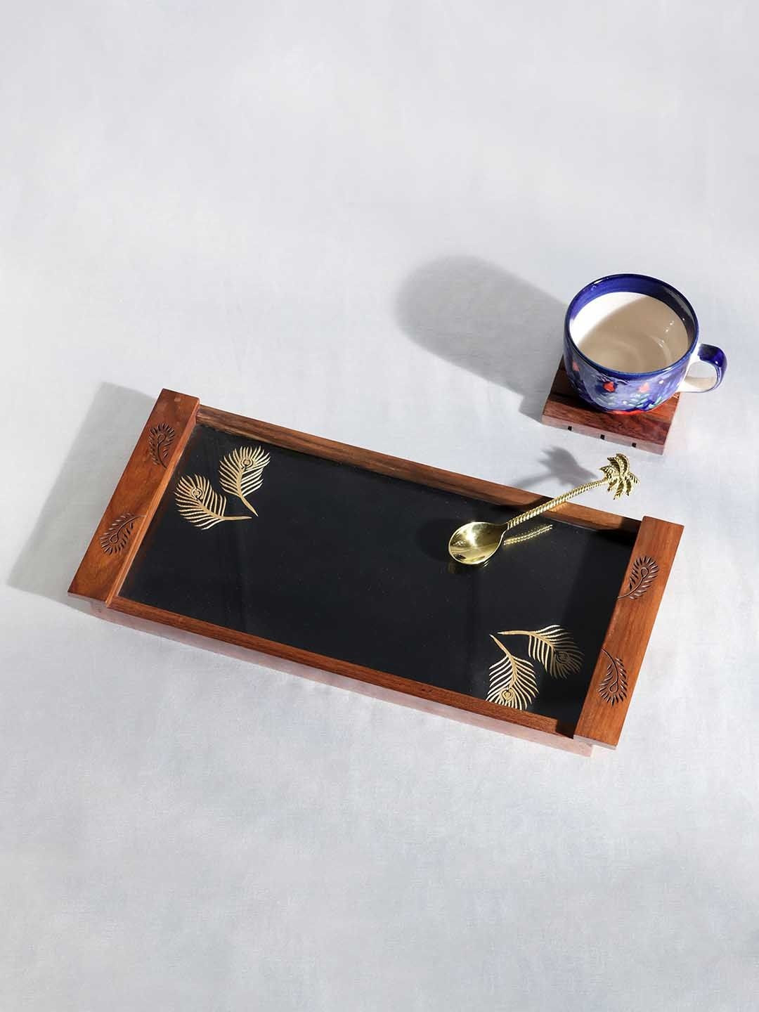 Eyaas Gold-Toned & Black Ethnic Motifs Rectangular Wooden Serving Tray